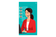 Female customer support agent working on laptop with headset Product Image 1
