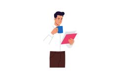 Man drinking coffee while reading document holding blue cup Product Image 1
