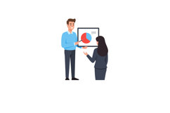 Businessman and businesswoman discussing pie chart presentat Product Image 1