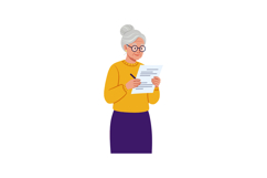 Elderly woman reading and signing document in yellow top and Product Image 1