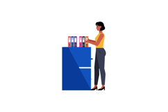 Woman organizing colorful office binders on blue cabinet in Product Image 1