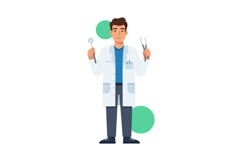 Male dentist with dental tools in white coat holding mirror Product Image 1