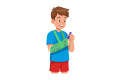 Boy with green arm cast drawing on cast with purple marker c Product Image 1
