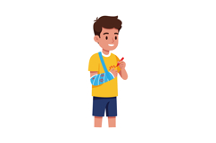 Boy with arm sling drawing with red pencil in casual summer Product Image 1