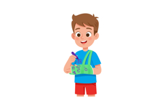 Boy with arm cast drawing and coloring in blue shirt and red Product Image 1