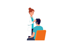 Audiologist examining patient with headphones in medical off Product Image 1