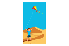 Boy flying colorful kite in desert landscape with blue sky b Product Image 1