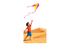 Boy flying bright yellow and pink kite in desert landscape w Product Image 1