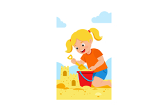 Girl building sandcastle on beach with red bucket and yellow Product Image 1