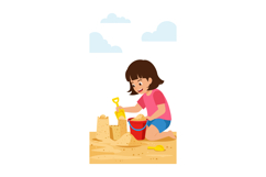 Child Building Sandcastle on Beach with Red Bucket and Yello Product Image 1