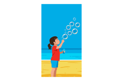 Child blowing soap bubbles on beach with blue sky and ocean Product Image 1
