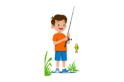 Boy fishing with rod and caught fish wearing orange shirt an Product Image 1