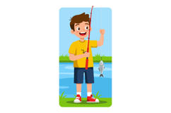 Boy fishing with rod catching fish by lake summer outdoor fu Product Image 1