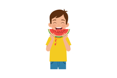 Boy Eating Watermelon Slice with Juice Dripping in Yellow Sh Product Image 1