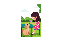 Girl feeding dog ice cream in park summer scene with green t Product Image 1