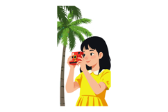 Girl in yellow dress taking photo with red camera near palm Product Image 1