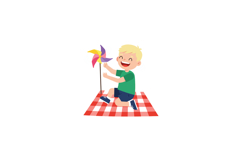 Happy boy playing with colorful pinwheel on picnic blanket o Product Image 1