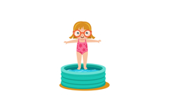 Little girl in pink swimsuit standing in blue inflatable poo Product Image 1