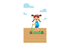 Happy girl riding green scooter outdoors under blue sky with Product Image 1