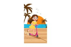 Girl riding pink scooter on beach at sunset with palm trees Product Image 1
