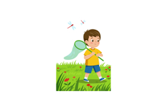 Boy Catching Dragonflies with Net on Green Grass Field in Su Product Image 1