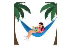 Girl Reading Comic Book Relaxing in Blue Hammock Between Pal Product Image 1