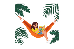 Girl reading comic book relaxing in orange hammock surrounde Product Image 1