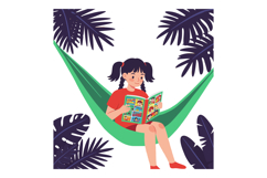 Girl reading comic book in green hammock surrounded by tropi Product Image 1