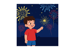 Boy holding sparkler with colorful fireworks in night sky ce Product Image 1