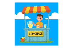 Boy selling lemonade at colorful stand with fresh lemons out Product Image 1