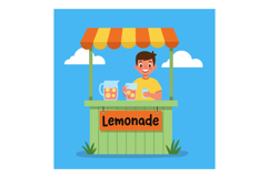 Boy selling lemonade at stand with yellow and orange canopy Product Image 1