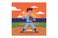 Young baseball player pitching ball on field with sunset bac Product Image 1