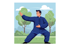 Man practicing tai chi martial arts exercise outdoors in blu Product Image 1