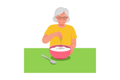 Elderly woman sprinkling seasoning on bowl of food at table Product Image 1