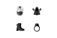 Magic potion bottle cloak boot and diamond ring black and wh Product Image 1