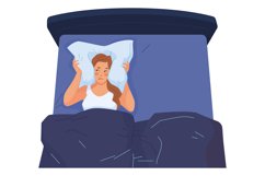 Sad woman in bed covering ears with pillow. Insomnia or stre Product Image 1
