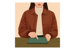 Woman Using Tablet in Brown Jacket and Cream Sweater Sitting Product Image 1