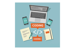 Coding workspace with laptop smartphone notebook and coding Product Image 1