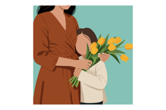 Mother and Child Hugging with Yellow Tulips in Brown Dress V Product Image 1