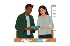 Two colleagues collaborating on tablet in office workspace d Product Image 1