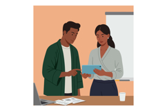Two colleagues discussing business data using tablet in offi Product Image 1