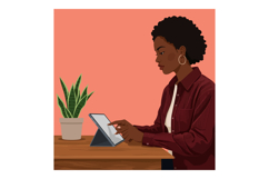 Woman using tablet device at wooden desk with green plant on Product Image 1