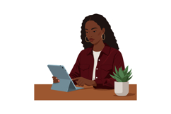 Woman using tablet with green plant on table in casual red j Product Image 1