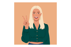 Smiling blonde woman showing peace sign with green blouse an Product Image 1