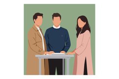 Three people standing at a table discussing ideas in casual Product Image 1