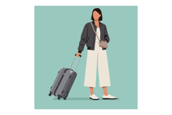 Woman with suitcase and handbag standing ready for travel in Product Image 1