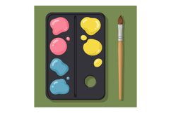 Paint palette with pink yellow blue colors and brush art sup Product Image 1