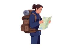 Female hiker with backpack reading map outdoors in casual cl Product Image 1