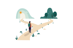Person standing at fork in road choosing path in nature scen Product Image 1