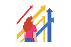 Woman observing colorful upward arrows symbolizing growth an Product Image 1